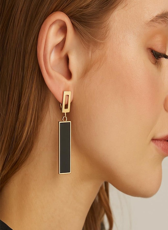 ZENCHEER Rectangle Geometric Clip On Earrings For Women,Gold Plated Resin Non Pierced Ear Clips Drop Dangle Earrings Hypoallergenic Non Pierced Earrings for Sensitive Ears, Black - Image 2
